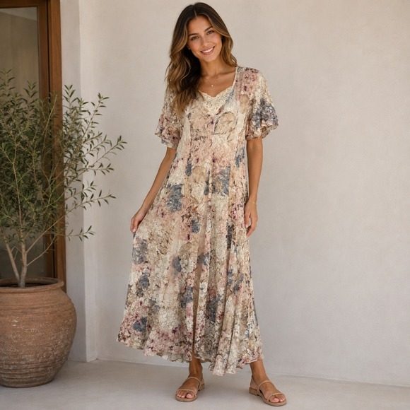 Nostalgia Dresses & Skirts - VTG Nostalgia Maxi Dress S Floral Lace Lined Boho Cottagecore Romantic Victorian